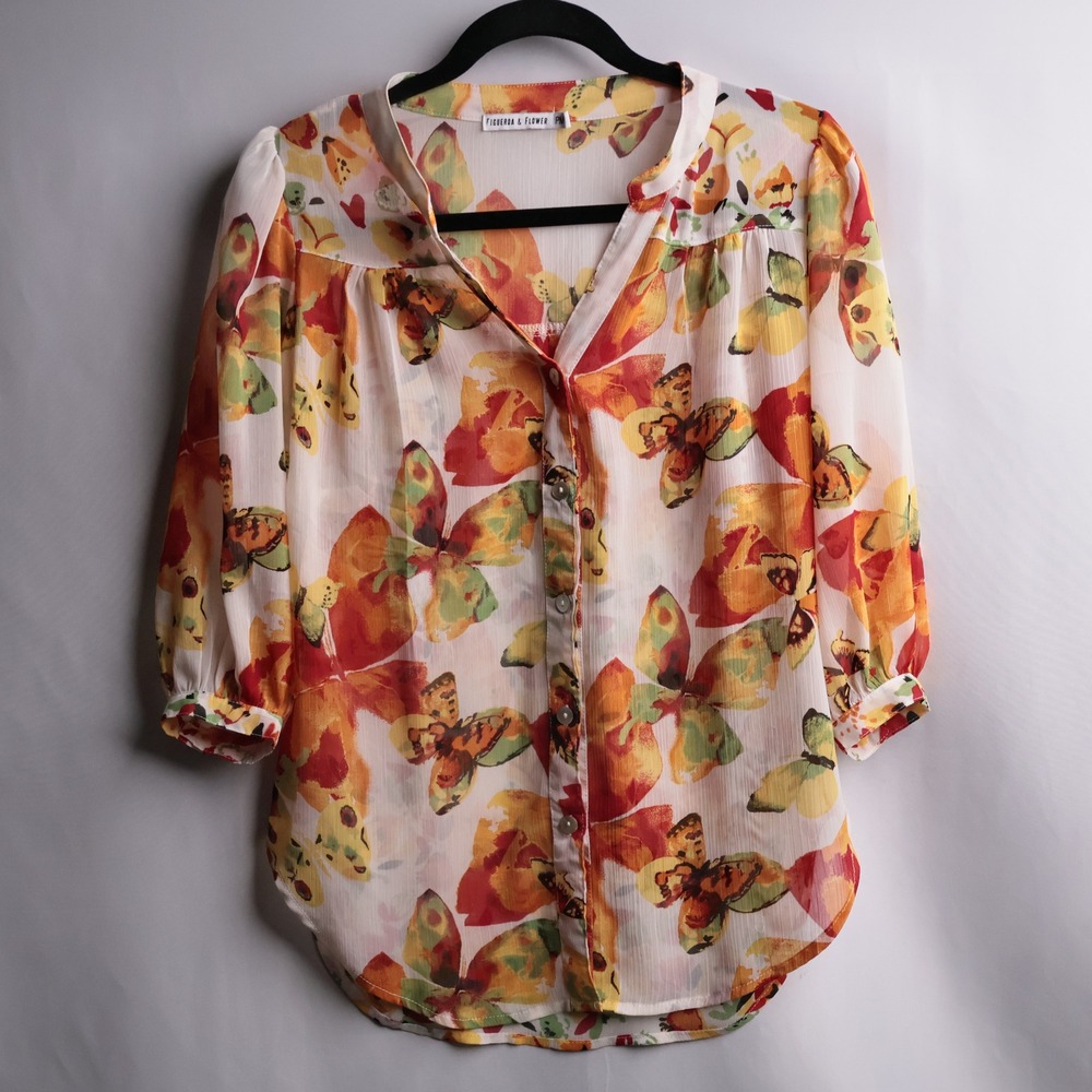 Figueroa & Flower Butterfly Button Up Blouse Orange Yellow M P Sheer Boho Whimsy